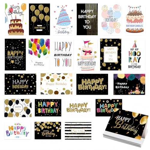 XiLayNeen Juego de 24 Tarjetas de Cumpleaños con Sobres，10 x 15cm Plegables Tarjeta de Cumpleaño,Tarjetas de Felicitación,Tarjeta de Feliz Cumpleaños，Birthday Cards para Niños y Adultos