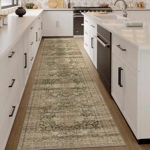 2x10 Washable Green Vintage Runner Rug for Kitchen Hallway Non-Slip Low Pile Soft Thin Carpet Traditional Retro Distressed Accent Throw Rug for Entryway Bathroom Indoor Bedroom