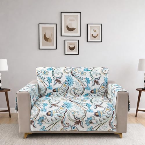 Image of Homerz Premium 2 Seater Quilted Reversible Sofa Cover Mat with Pocket Arms | Polyester Blend 350 GSM Full Coverage & Back Belt for Stability (Floraya, 2 Seater)