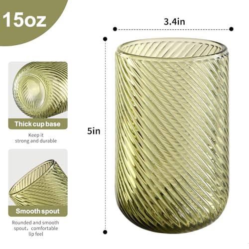 Vintage Green Ribbed Drinking Glasses Set - 4 Pieces
