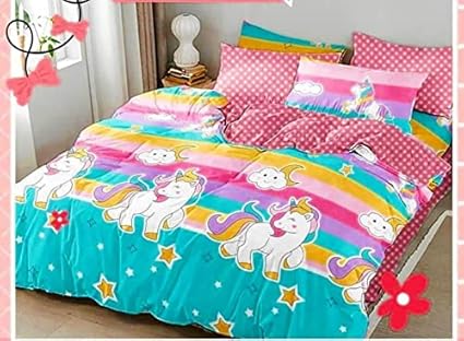 Vhd Unicorn Glace Cotton Cartoon Printed Queen Size 210 Tc Double Bedsheet with 2 Pillow Cover (Pack of 1, Multicolor)