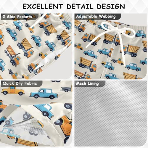Boys Swim Trunks Quick Dry UPF 50+ Beach Board Shorts Kids Bathing Suits Swimsuit 2T Blue Yellow Car Truck3