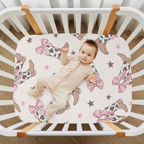 Image of Bows Cowgirl Boots Western Crib Sheets Soft Breathable Fitted Baby Crib Sheets Mattress Cover for Girl Boys, 52 inch x 28 inch x 9 inch