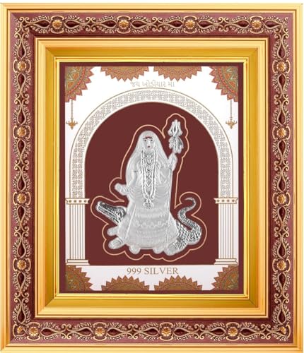 Image of 999 Pure Silver Khodiyarmaa Frame | Divine Home Decor | Wall Mount Square Photo for Gift, Wooden PhotoFrame for Temple & OfficeDecor, SilverGift Items | hangingframe (10.50 inch x 9 inch Inch)