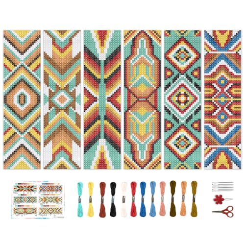 Image of BEUNITONE Cross Stitch Bookmarks Kit 6 Pcs Geometric Pattern DIY Bookmarks Cross Stitch Kits for Beginners Boho Floral Fabric Bookmark Kit Traditional Decorative Counted Knitting Kit 8''x2.4''