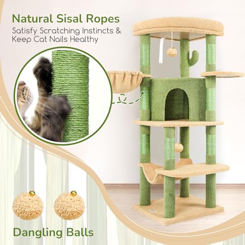 Image of Globlazer Cactus Corner Cat Tree Tower with Scratching Post for Indoor Cats, 51in Multi-Level Cat Condo Tower with Large Hammock, Fan-Shaped Padded Perch, Spacious Cat Cave, Hanging Basket, C51, Green