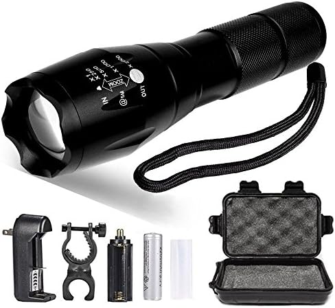 Yostyle LED Tactical Flashlight Portable Outdoor Water Resistant Flashlight Torch with Bike Mount, Zoomable Adjustable Focus, 5 Light Modes, Rechargeable 18650 Lithium Ion Battery and Charger