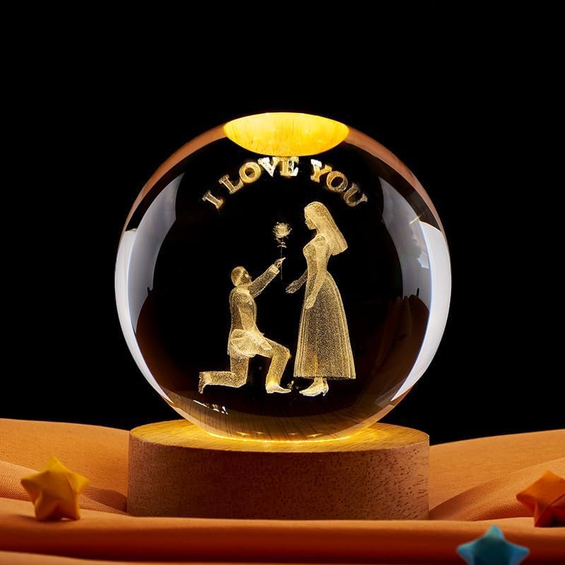Desidiya 3D Crystal Love You Lamp for Couples Engraved Crystal Ball LED Night Light with Wooden Base - USB Powered Glass Ball Led Night Light Table Lamp for Loved Ones to Gifting,Warm White