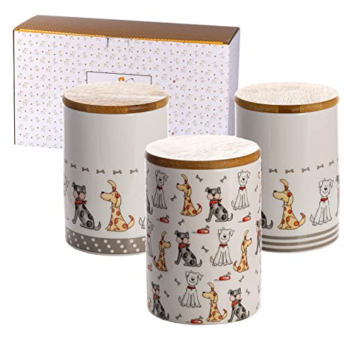 SPOTTED DOG GIFT COMPANY Vorratsdosen Keramik mit Deckel Luftdicht - 3 Vorratsbehälter vielseitig Aufbewahrungdose für Mehl Kaffee Tee Leckerli Zucker Dose, Kapazität je 1.2 Liter, Hunde Motiv
