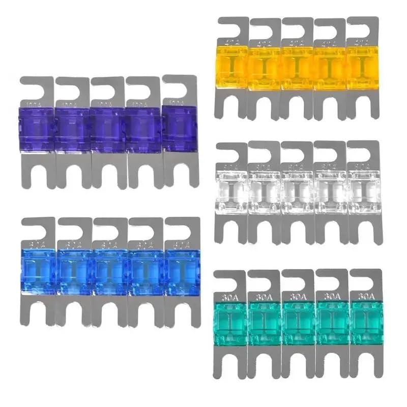 Set de 5 fusibles automotrices mini 30A, 40A, 60A, 80A, 100A nickelados para circuito estereo de autos 32V miniatura 2