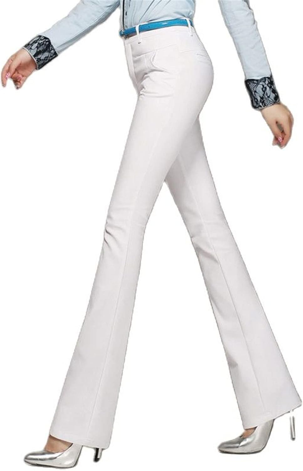 Kelsiop Women's Slim Spring and Summer Cotton Flared Pants Slim Elastic Solid Color Mid-Waist Office OL Trousers