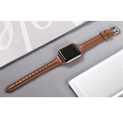 Secbolt Leather Bands Compatible With Apple Watch Band 38Mm 40Mm 41Mm Iwatch Se Series 8 7 6 5 4 3 2 1 Slim Replacement Wristband Strap Stainless Steel Buckle, Brown #TOP2