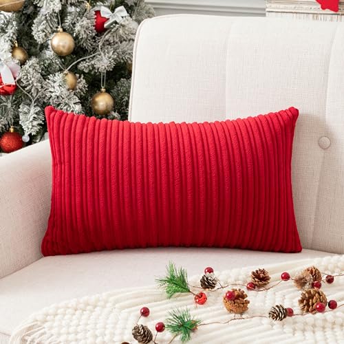 UGASA 14x20 Inch Christmas Pillow Cover Pack of 1 Soft Boho Stripe Corduroy Long Rectangle Lumbar Cushion Case Farmhouse Decorative Pilowcase for Bed, Couch, Sofa, Bedroom, Living Room, Burgundy