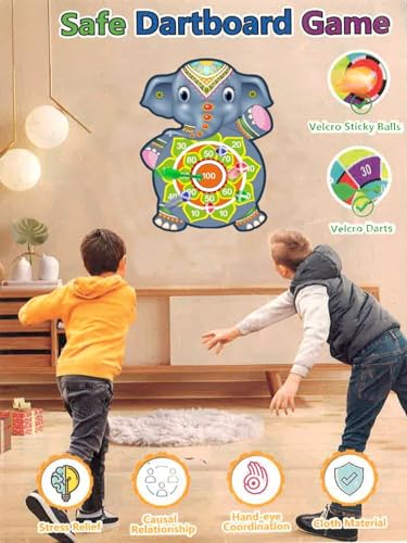 Image of Amazon Brand - Jam & Honey Dart Game for Kids Cartoon Target Game Toy Sets Dart Board with 5 Velcro Balls and 1 Hanger -Children's Indoor Outdoor Sport Game Toys Gifts (Elephant (5 Balls and 3 Darts))