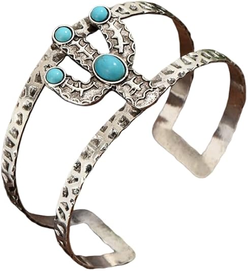 Western Turquoise Cuff Bracelets for Women, Vintage Antique Silver Cowboy Boot Bull Skull Cactus Heart Open Bangle, Boho Southwestern Cowgirl Jewelry Gift