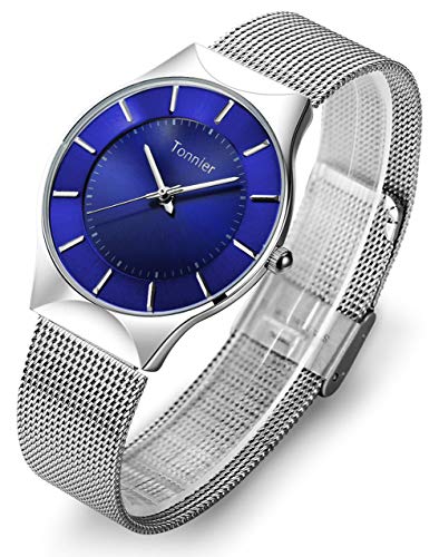 Tonnier Montre pour homme en acier inoxydable avec bracelet en maille ultra fine Bleu Cover