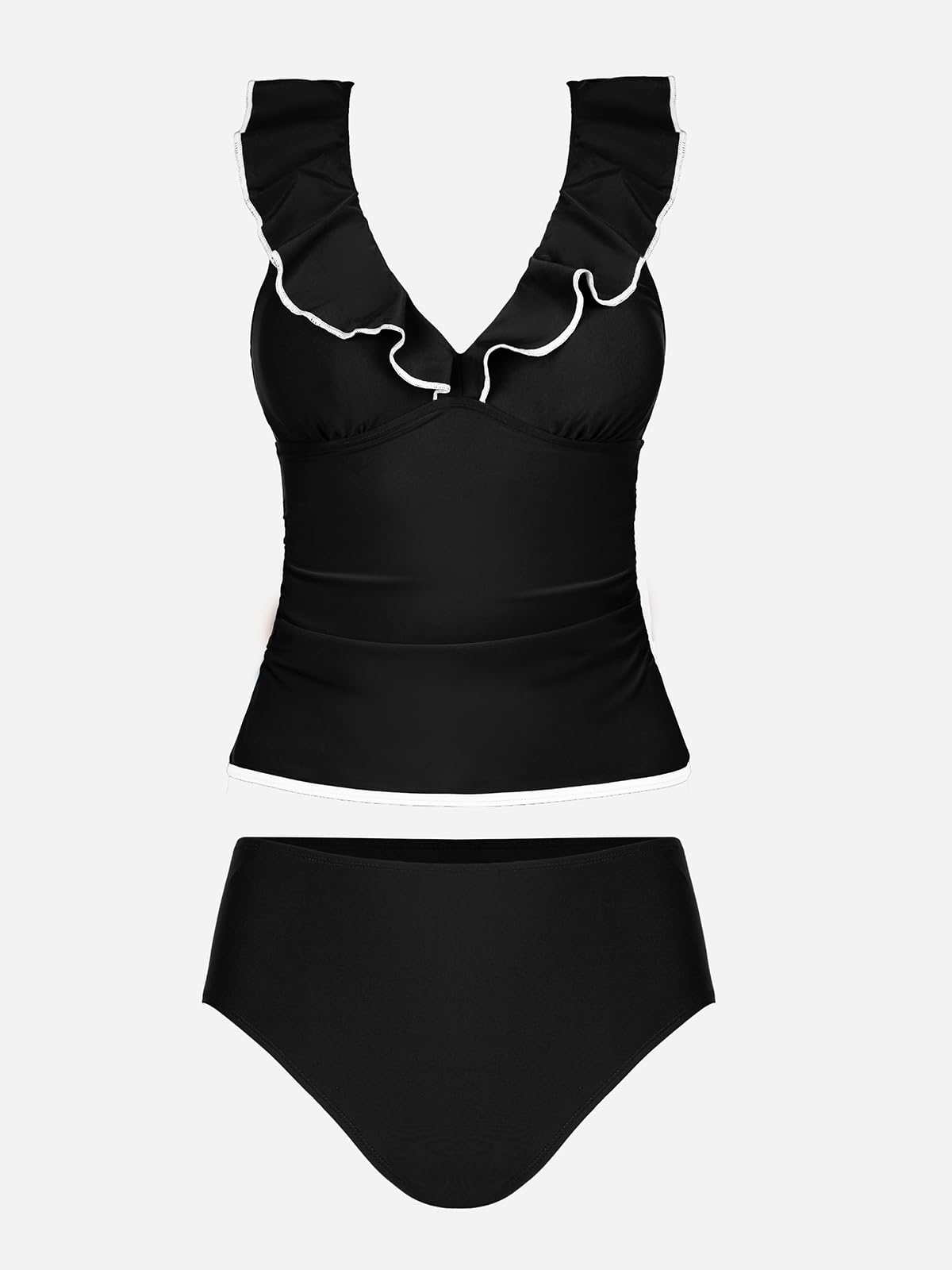 CUPSHE Ensemble tankini deux pièces pour femme avec col en V et bretelles réglables froncés (taille XS à 4XL), Noir , XS
