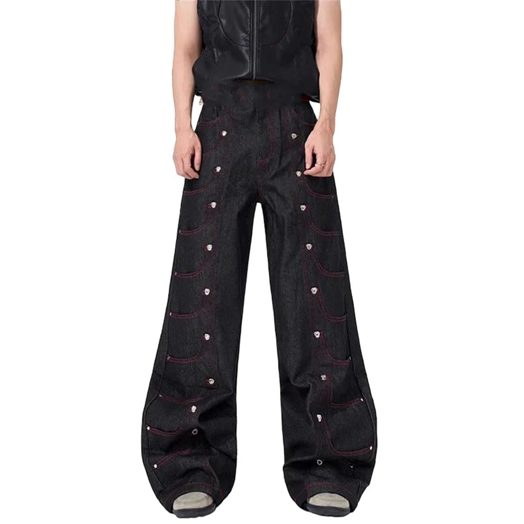 Mens Rivet Pleat Denim Jeans - Baggy Metal Detail Comfort Street Style Casual Wide Leg Long Pants