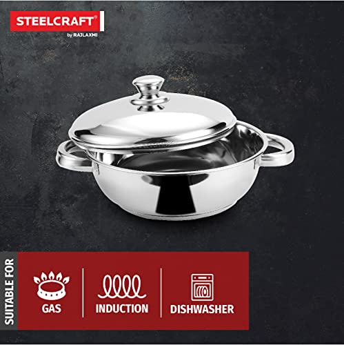 Image of Steelcraft Premium Stainless Steel Euro kadai -20 cm, 920ml (Induction Friendly) Cook and Serve, for Multipurpose Cooking, Silver, Set of 1