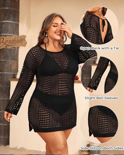 Aqua Eve Women's Plus Size Swimsuit Cover Up - Crochet Bathing Suit Coverups 2025 Long Sleeve Swimwear Beach Dress Black3
