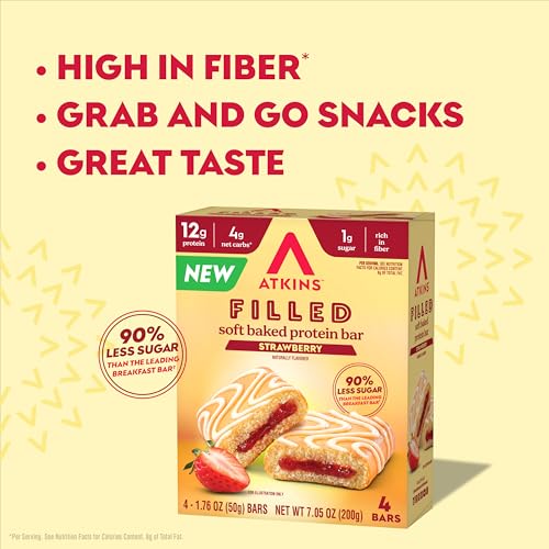 Image of Atkins Soft Baked Bar, Strawberry Filled Flavor, 12g of Protein, 4g Net Carbs, 24 Count