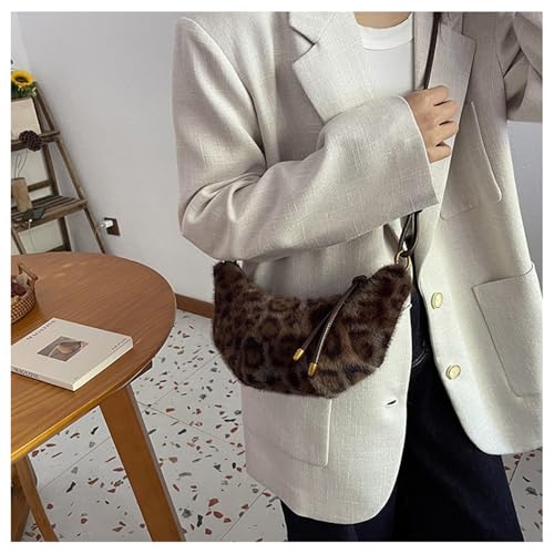 Image of Leopard Fluffy Sling Dumpling Bag Cheetah Print Fuzzy Furry Shoulder Crossbody Crescent Bag Leopard Plush Horn Bag