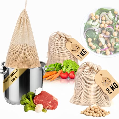 Set de 3 Malla Para Cocer Garbanzos y Legumbres. Bolsas Para Cocinar Carne o Verduras. Mallas De Cocción para cocidos y pucheros. Red Cocina. 2 Mallas Algodón Reutilizables De 1 Kg y 1 Malla De 2 Kg