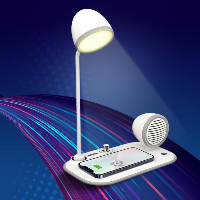 REMAXX Acrylonitrile Butadiene Styrene Retrowave Multipurpose 3 In 1 Desk Lamp With 15W Wireless Charger And Bluetooth Speaker & Mic For Calls 360° Adjustable Lamp, Color Lights, Led
