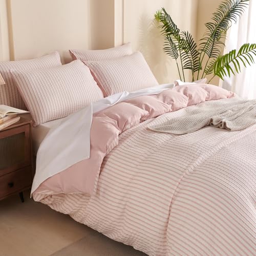 Image of Pink Striped Comforter Set Queen - 3 Pieces Bedding Comforter Set for All Season, Soft Lightweight Washed Microfiber, 1 Striped Comforter and 2 Pillowcases (Pink, Queen Size)