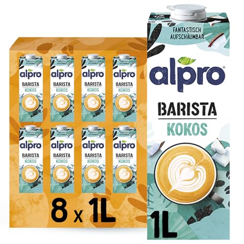 Alpro Barista Kokos – Zum Aufschäumen – 100 Prozent pflanzlich, vegan und milchfrei – Von Natur aus laktosefrei – Reich an Calcium und Vitaminen – 8 x 1 L