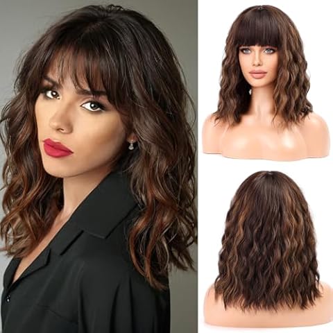 WOKESTAR Brown Wavy Synthetic Wig with Fringe Cover