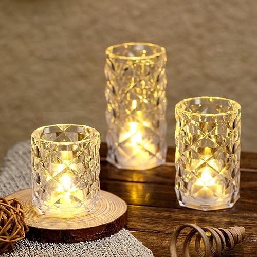 Image of One94store 3 Pcs Set Diamond Flameless and Smokeless Decorative Candles Transparent Acrylic Led Tea Light Candle for Christmas, Festival,Candles (3 Pieces, 5 cm.7cm,9 cm) Combo Set Warm White