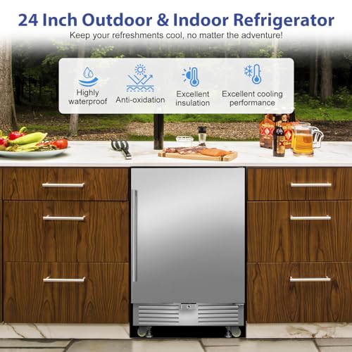 Image of Outdoor Refrigerator 24 Inch, Undercounter Beverage Fridge with Wheels, 180 Cans Waterproof Stainless Steel Fridge for Outdoor Kitchen and Patio