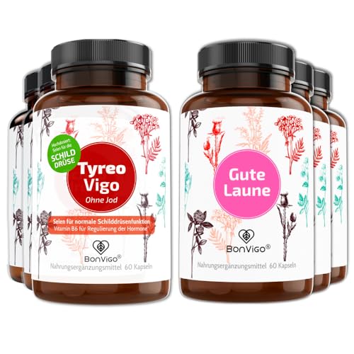BonVigo® Power Pack 6 Dosen - 3x SCHILDDRÜSE / 3x GUTE LAUNE Ideale Ergänzung - Es tragen bei zu normaler Funktion von Schilddrüse und Immunsystem: Selen; Psyche und Nervensystem: Vitamin B6