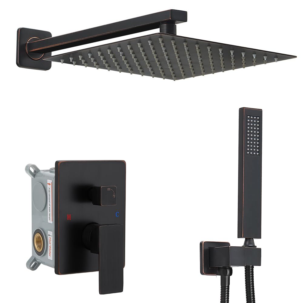 Shower Faucet Set Complete, Wall Mount Shower System for Bathroom 12 Inch High-Pressure Rainfall Shower with Handheld, Rough-in Valve Body and Trim Kit, Oil Rubbed Bronze