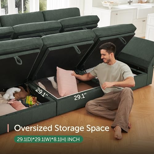 HONBAY Modular Sectional Sofa with Storage Corduroy Sectional Sleeper Sofa Modular Sectional Couches for Living Room,Green - Image 5