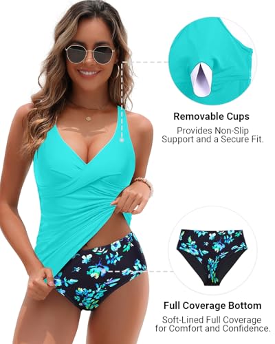 Image of Yonique Tankini Swimsuits for Women Tummy Control Bathing Suits Two Piece Tankini Tops with Bikini Bottoms Twist Swimwear