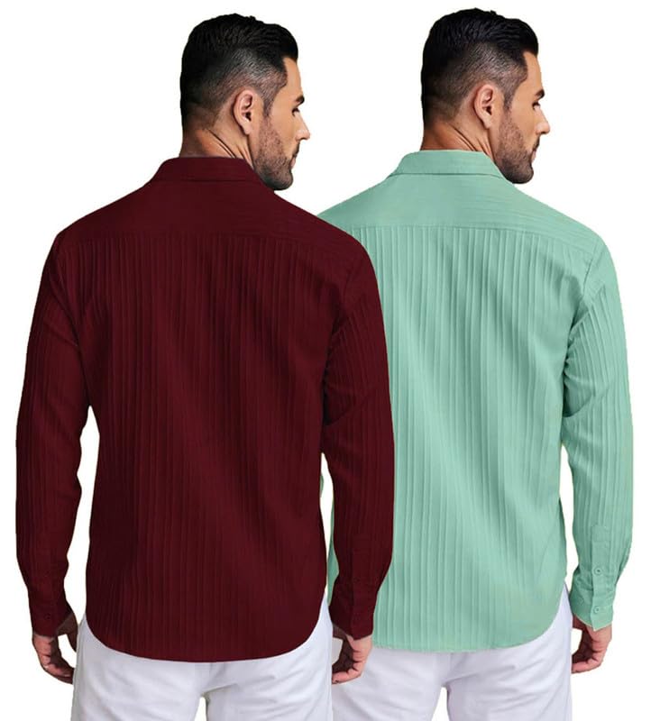 Image of DEELMO Combo of Men's Casual Button Down Shirts Long Sleeve Linen Shirt Fashion Textured Summer Shirts Pack of 2