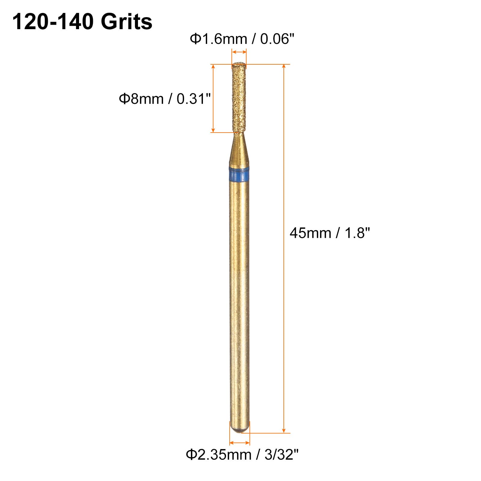 HARFINGTON 8pcs 120-140 Grits Diamond Grinding Bit 1.6mm Cylinder Head 2.35mm Shank 6mm Length Titanium Plated Stone Sanding Drill Bits Rotary Tool for Nails Grinding Polishing