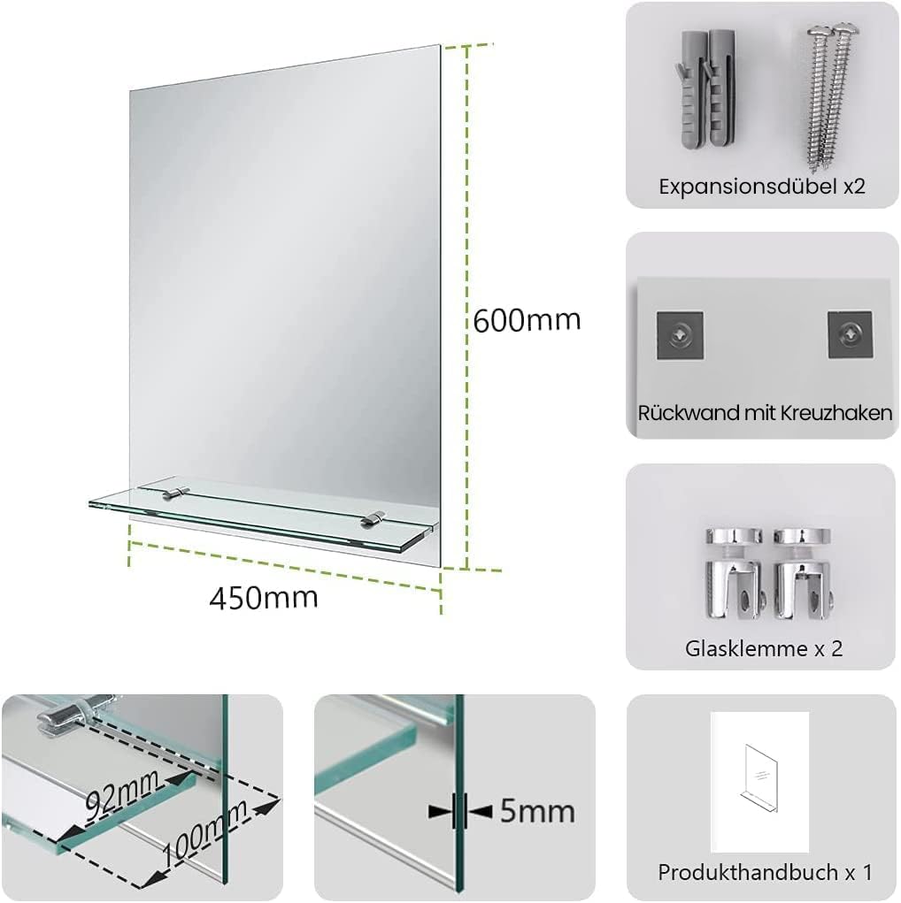 S'AFIELINA Badspiegel mit Ablage 45x60 cm – Wandspiegel Rahmenlos ohne Licht, HD Badezimmerspiegel mit Glasablage, Gäste-WC Kristallspiegel, Wandmontage