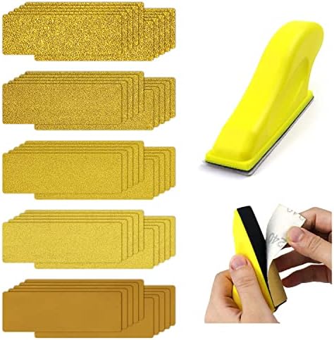 WORKEASE Micro Sander Kit 3.5 x 1 Detail Sanding Tools, Hook and Loop Aluminum Oxide Sandpaper 10 Sheets Each of 80 120 180 240 400 Grit for Wood Work Finishing Corner Polishing DIY Project, 50 PCS
