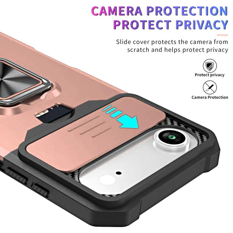 Image of LuxuryKase Shockproof Armor Case for iPhone Air | Slide Camera Cover | Hidden Card Slot | Rotating Ring Kickstand | Magnetic Car Mount Support | Military Grade Protection - Rose Gold