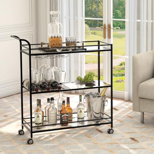 Image of Black Bar Cart, Home Bar Serving Cart with Handle, Wine Cart with 3-Tier Glass Shelves, Beverage Cart with Wine Rack and Glass Holder, Bar Carts for The Home, Dining Room, Living Room