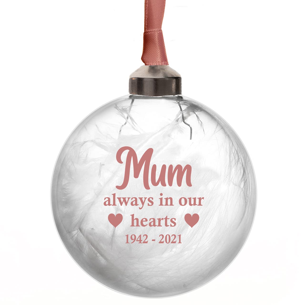 Always In Our Hearts Personalised Christmas Tree Memorial Decoration 8cm Glass Remembrance Bauble remember Any Name Mum Dad Nana Grandma Grandad Husband Wife In 11 Colours (Rose Gold)