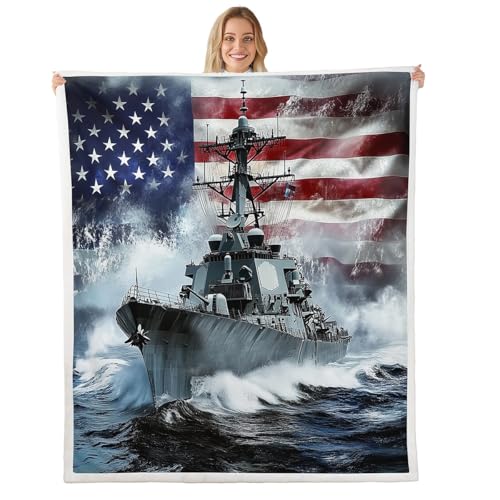 feelingyou Manta 3D de buque de guerra para niños, manta de cama con diseño de barco de combate del ejército marino, olas del océano, para niños y hombres, manta de forro polar con rayas geométricas