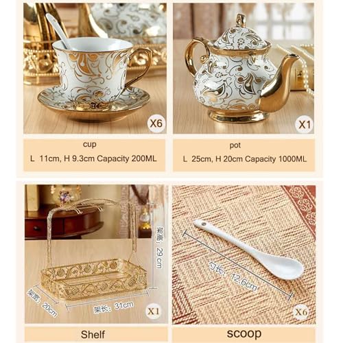 Ceramiczny zestaw filiżanek do kawy, 16-częściowy zestaw do herbaty ze złotą naklejką, zawiera czajniczek, kubki, spodki i cukiernicę na popołudniową herbatę i kawę