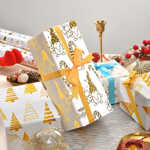 Niviy Weihnachtsgeschenkpapier Goldfolie Weiß,3 Rollen 43CM x 3M Geschenkpapierrolle mit Elch Weihnachtsbaum,Glänzendes Geschenkpapier für Weihnachten,Kindergeburtstag,Hochzeit,Winter Partys