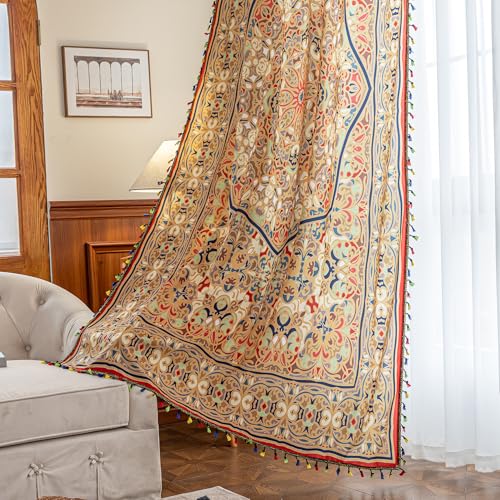Image of Gold Medallion Curtains 72 Inches Long, Boho Farmhouse Light Filtering Rod Pocket Drapes with Tassel Trim for Bedroom Living Room, 2 Panels