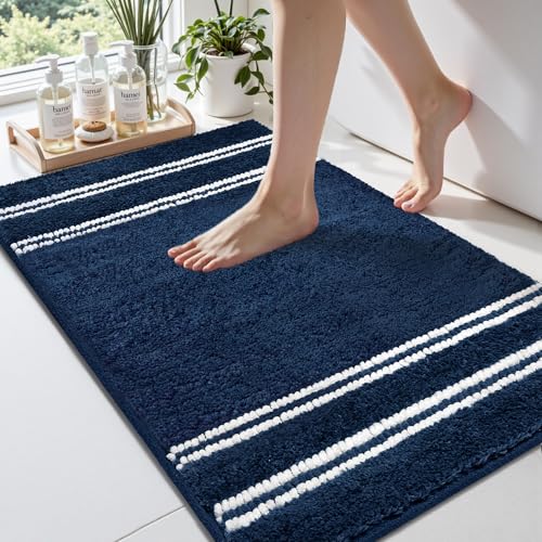 Arenarug Bathroom Rugs 17x24 Extra Soft Absorbent Bath Mat Chenille Non Slip Shower Mat Rubber Backing Machine Washable Bath Mats for Bathroom Shaggy Blue Bath Rugs for Tub, Hallway Navy Blu