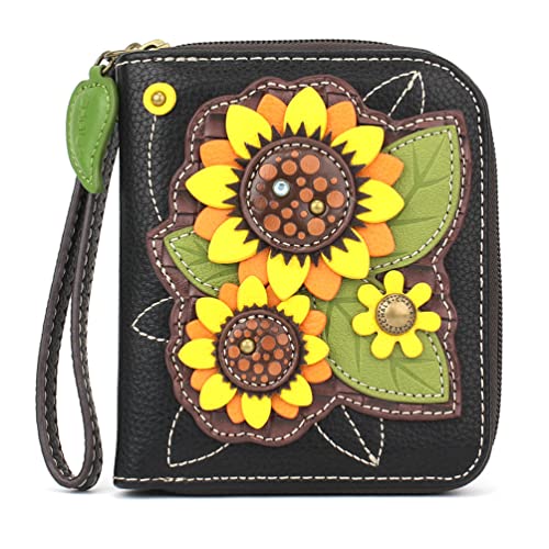 Image of CHALA Zip Around Wallet, Wristlet, 8 Credit Card Slots, Sturdy Pu Leather - Sunflower Group - Black